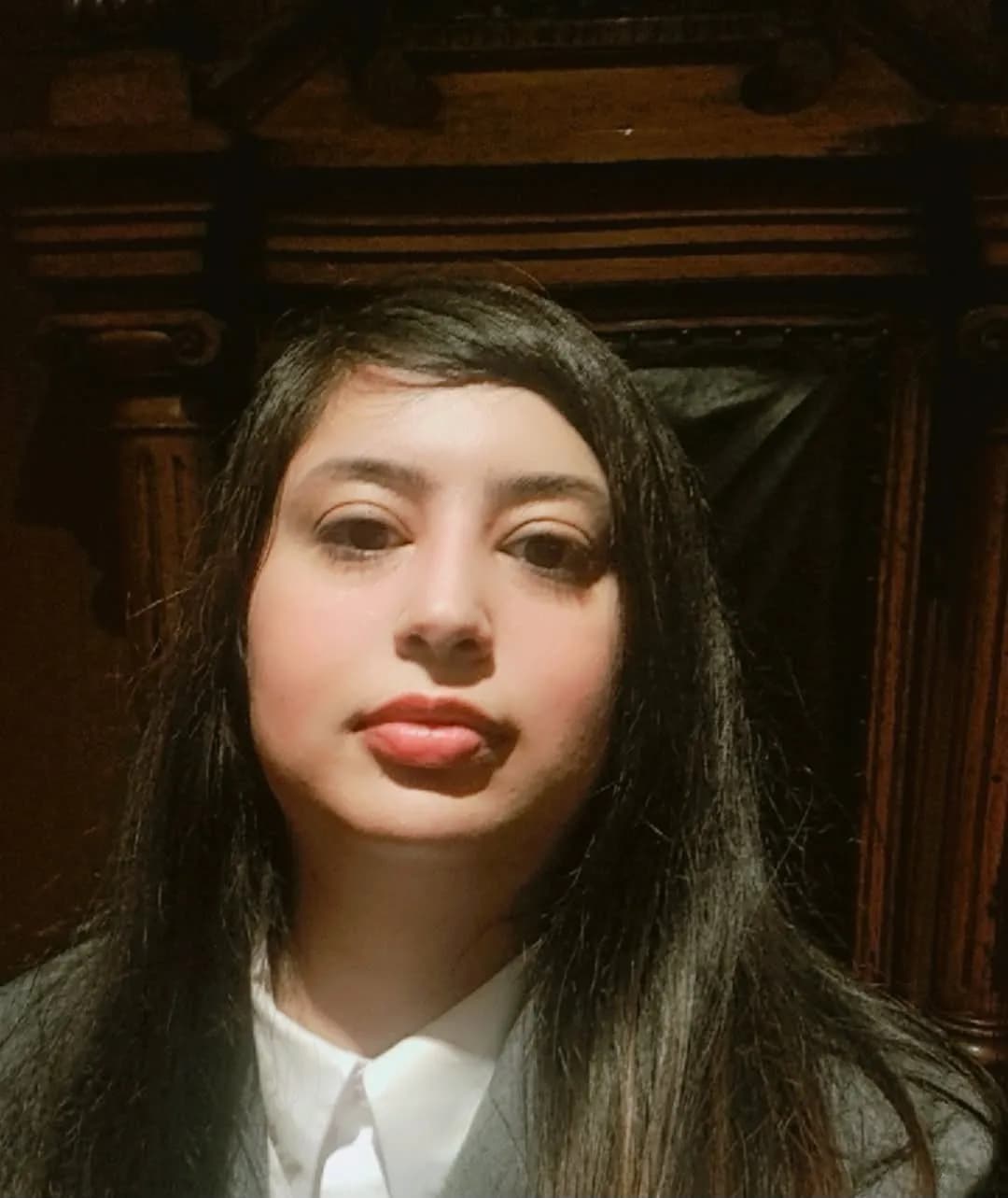 A young woman with long dark hair, wearing a white shirt and gray jacket, looks directly at the camera against a dark, ornate background.